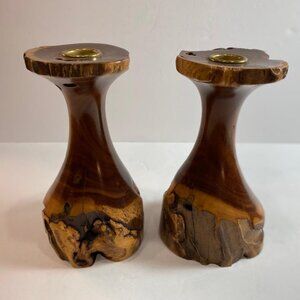 Lot 2 Vintage Live Edge Wooden Turned Candle Holders Candlesticks Rustic MCM